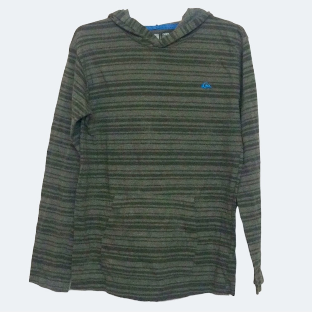 🌞 Quiksilver long sleeve hoodie green striped blue logo kangaroo pockets boys M